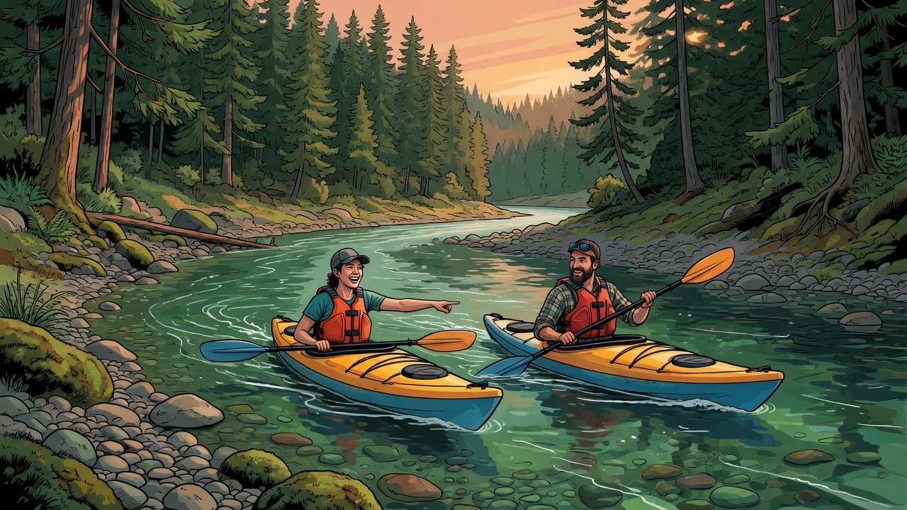 Illustration of a person standing on a dock looking at the water beside a kayak. Not a photograph of a named ramp.